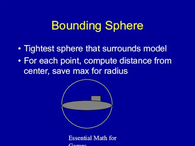 Essential Math for Games Bounding Sphere Tightest sphere that surrounds
