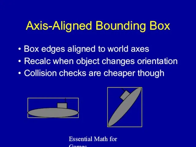 Essential Math for Games Axis-Aligned Bounding Box Box edges aligned to world axes