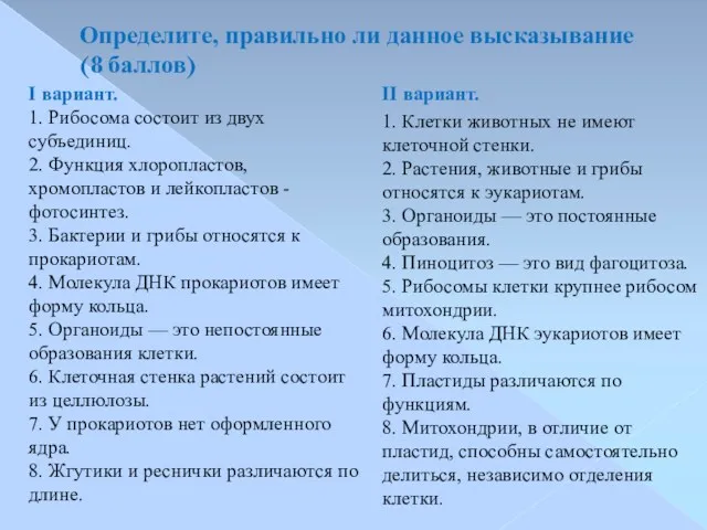 Определите, правильно ли данное высказывание (8 баллов) I вариант. 1.