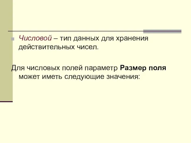 Числовой – тип данных для хранения действительных чисел. Для числовых