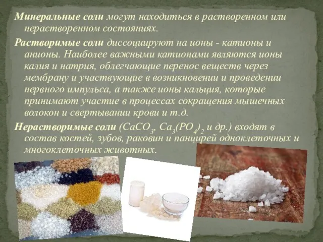 Минеральные соли могут находиться в растворенном или нерастворенном состояниях. Растворимые
