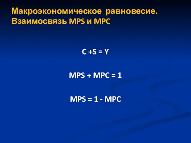 Макроэкономическое равновесие. Взаимосвязь MPS и MPC C +S = Y