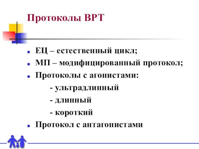 Протоколы ВРТ ЕЦ – естественный цикл; МП – модифицированный протокол;