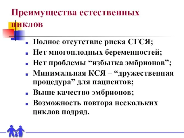 Преимущества естественных циклов Полное отсутствие риска СГСЯ; Нет многоплодных беременностей;