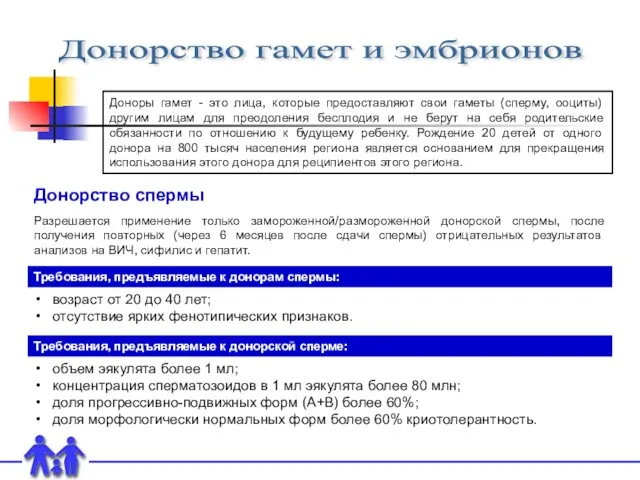 Донорство гамет и эмбрионов Доноры гамет - это лица, которые предоставляют свои гаметы