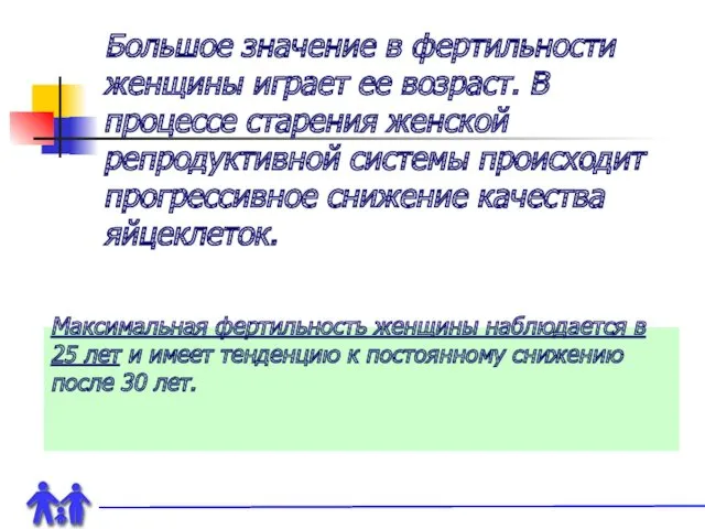 Большое значение в фертильности женщины играет ее возраст. В процессе старения женской репродуктивной