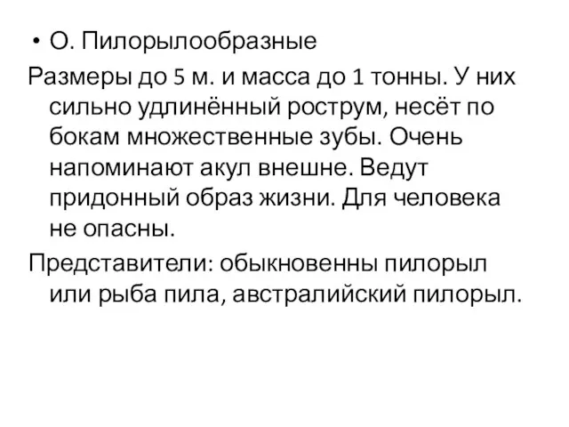 О. Пилорылообразные Размеры до 5 м. и масса до 1 тонны. У них