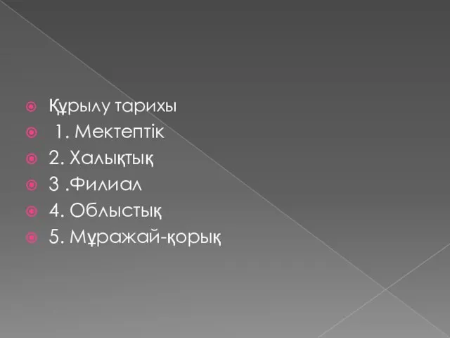 Құрылу тарихы 1. Мектептік 2. Халықтық 3 .Филиал 4. Облыстық 5. Мұражай-қорық