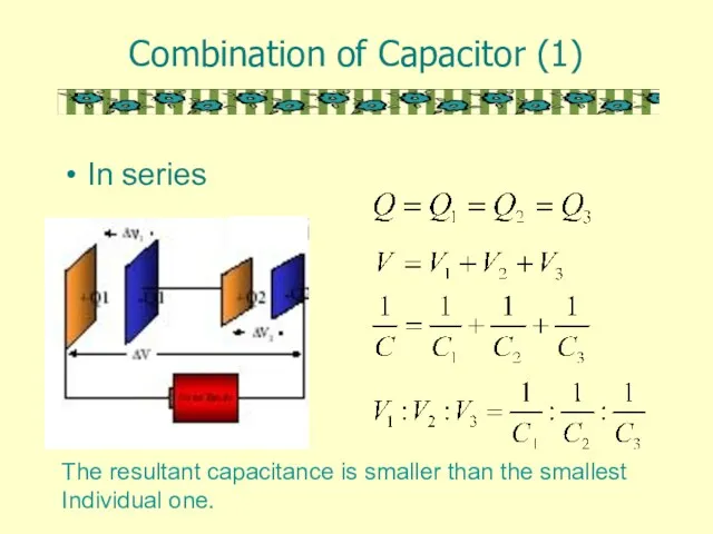 Combination of Capacitor (1) In series The resultant capacitance is smaller than the smallest Individual one.