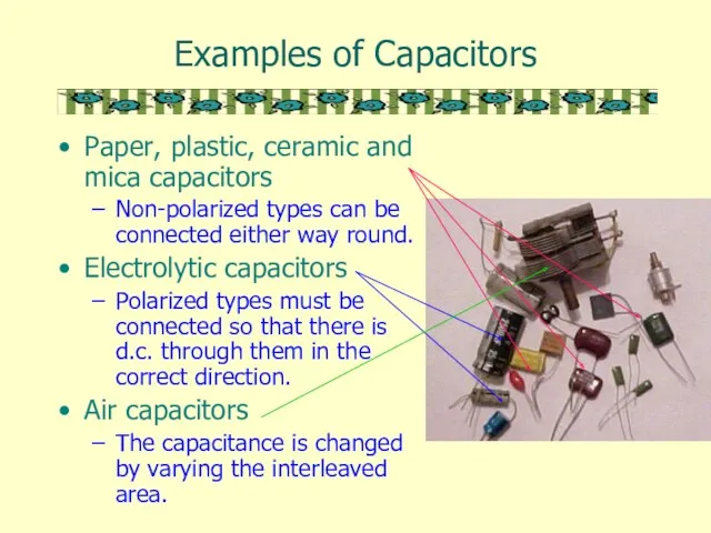 Examples of Capacitors Paper, plastic, ceramic and mica capacitors Non-polarized