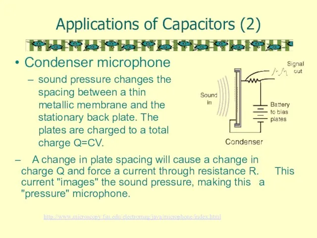 Applications of Capacitors (2) Condenser microphone sound pressure changes the