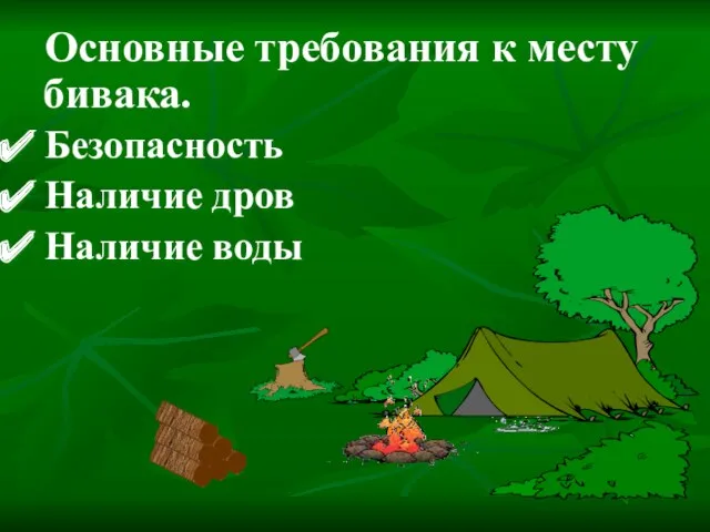 Основные требования к месту бивака. Безопасность Наличие дров Наличие воды