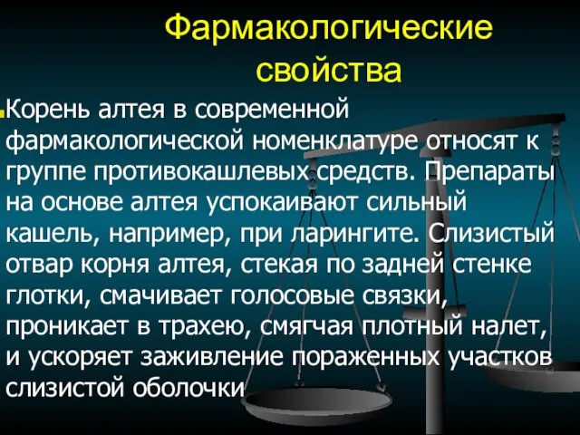 Фармакологические свойства Корень алтея в современной фармакологической номенклатуре относят к