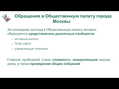 Обращения в Общественную палату города Москвы За последние полгода в