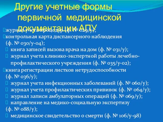 Другие учетные формы первичной медицинской документации АПУ журнал учета процедур