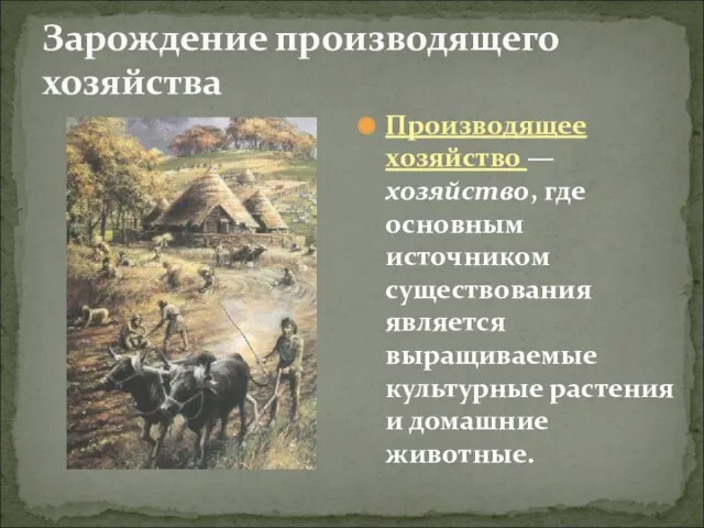 Зарождение производящего хозяйства Производящее хозяйство — хозяйство, где основным источником