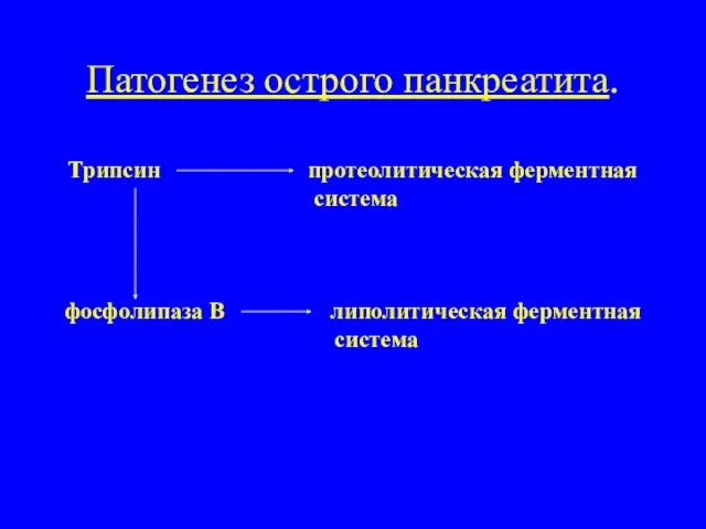 Патогенез острого панкреатита. Трипсин протеолитическая ферментная система фосфолипаза В липолитическая ферментная система