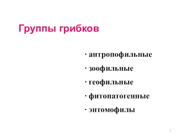 Группы грибков ∙ антропофильные ∙ зоофильные ∙ геофильные ∙ фитопатогенные ∙ энтомофилы