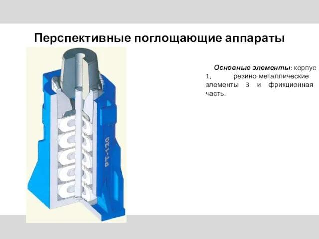 Перспективные поглощающие аппараты Основные элементы: корпус 1, резино-металлические элементы 3 и фрикционная часть.