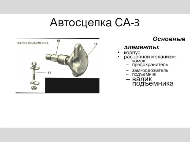 Автосцепка СА-3 Основные элементы: корпус расцепной механизм: замок предохранитель замкодержатель подъемник валик подъемника