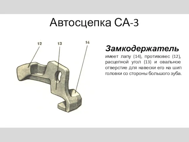 Автосцепка СА-3 Замкодержатель имеет лапу (14), противовес (12), расцепной угол