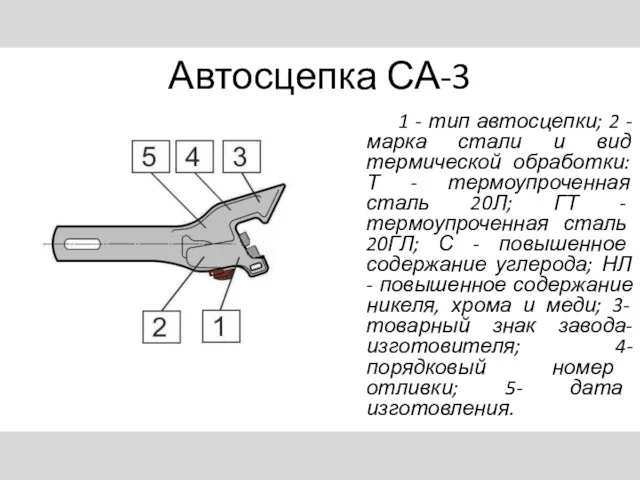 Автосцепка СА-3 1 - тип автосцепки; 2 - марка стали