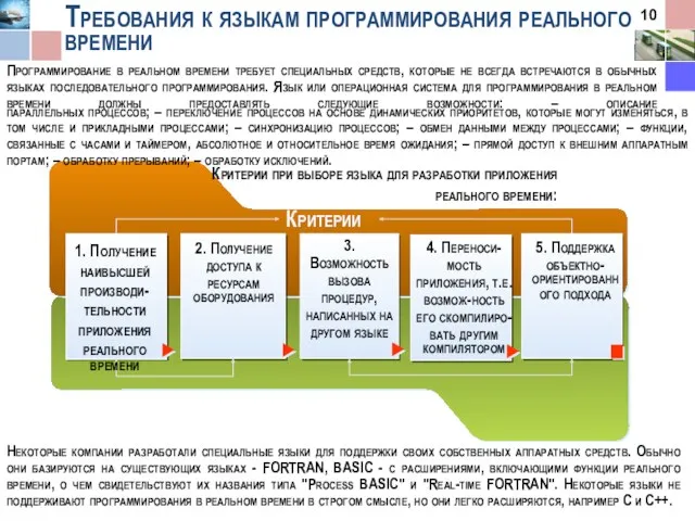 Требования к языкам программирования реального времени Критерии 1. Получение наивысшей