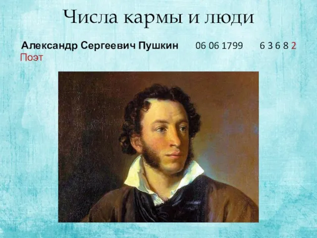 Числа кармы и люди Александр Сергеевич Пушкин 06 06 1799 6 3 6 8 2 Поэт