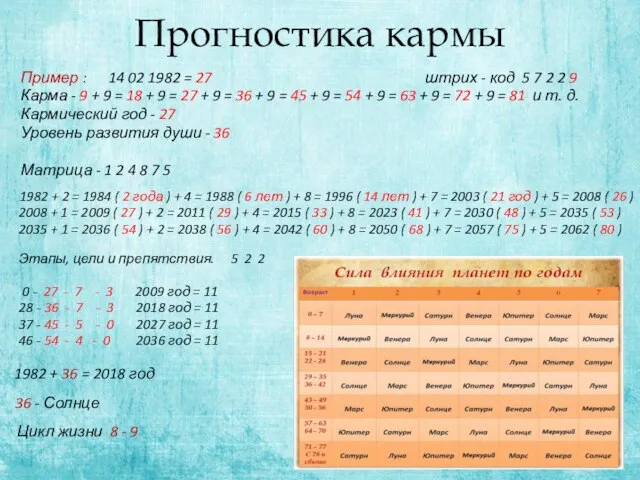 Прогностика кармы Пример : 14 02 1982 = 27 штрих