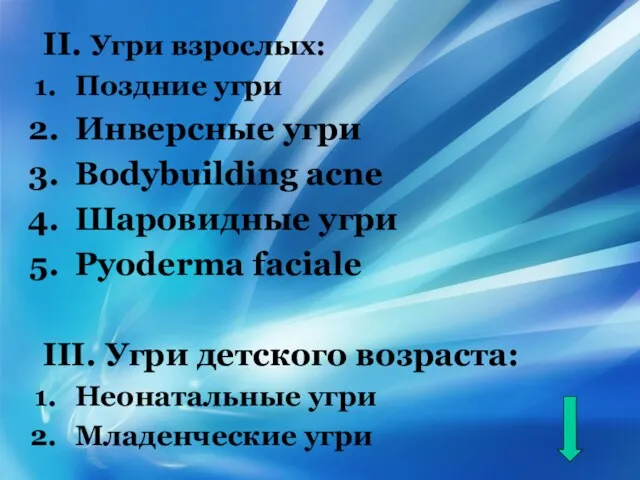 II. Угри взрослых: Поздние угри Инверсные угри Bodybuilding acne Шаровидные