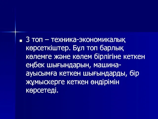 3 топ – техника-экономикалық көрсеткіштер. Бұл топ барлық көлемге және