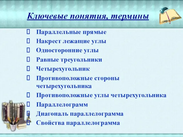 Ключевые понятия, термины Параллельные прямые Накрест лежащие углы Односторонние углы