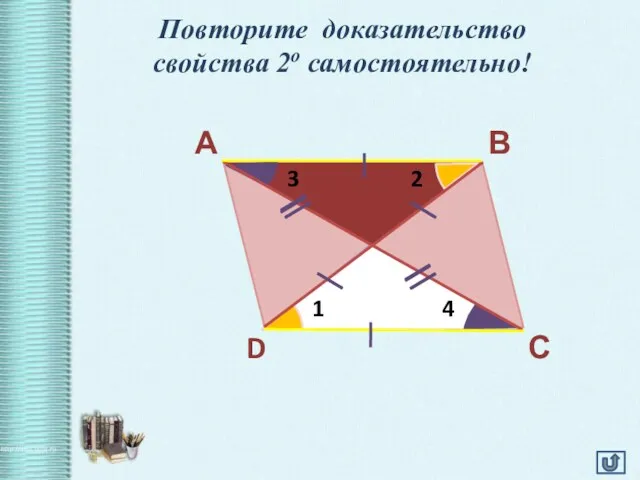 Повторите доказательство свойства 2о самостоятельно! В А С D 1 2 3 4 O