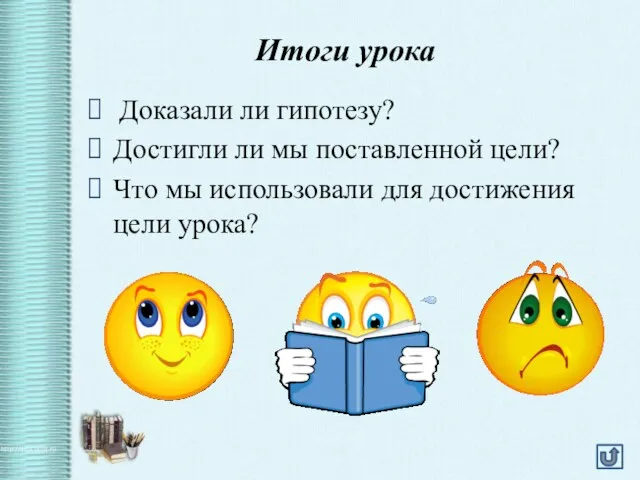 Итоги урока Доказали ли гипотезу? Достигли ли мы поставленной цели?