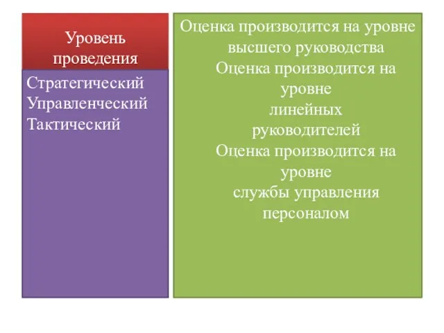 Уровень проведения Оценка производится на уровне высшего руководства Оценка производится