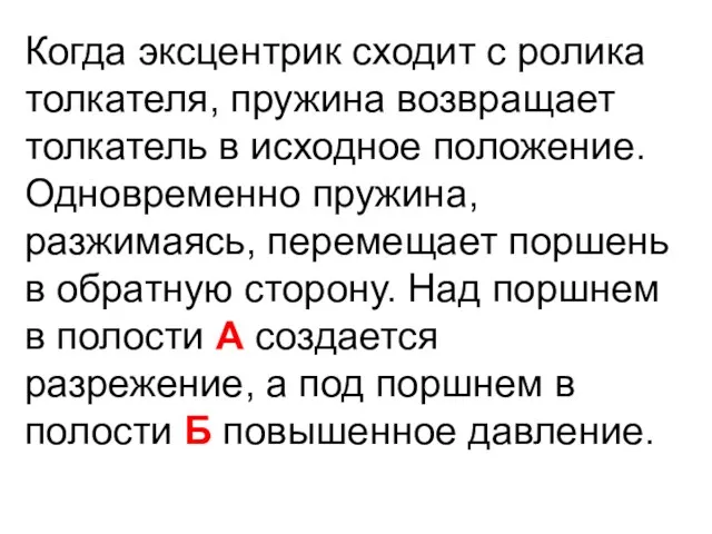 Когда эксцентрик сходит с ролика толкателя, пружина возвращает толкатель в