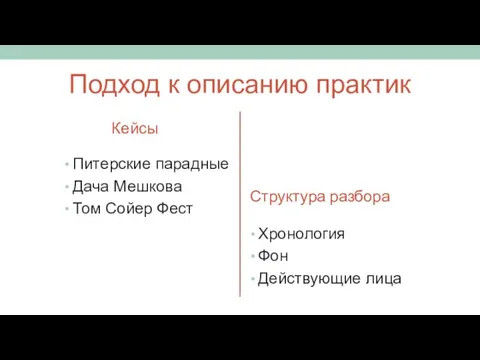 Подход к описанию практик Структура разбора Хронология Фон Действующие лица