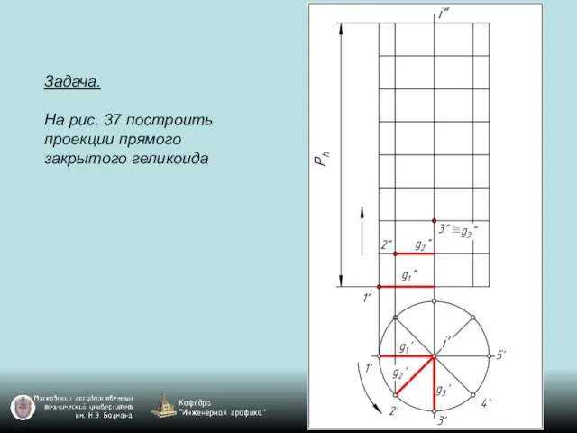 Задача. На рис. 37 построить проекции прямого закрытого геликоида