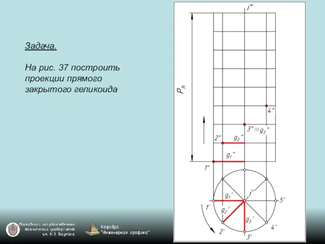 Задача. На рис. 37 построить проекции прямого закрытого геликоида