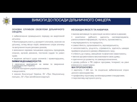 ВИМОГИ ДО ПОСАДИ ДІЛЬНИЧНОГО ОФІЦЕРА ОСНОВНІ СЛУЖБОВІ ОБОВ'ЯЗКИ ДІЛЬНИЧНОГО ОФІЦЕРА: