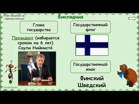 Финлядния Президент (избирается сроком на 6 лет) Саули Нийнистё Глава