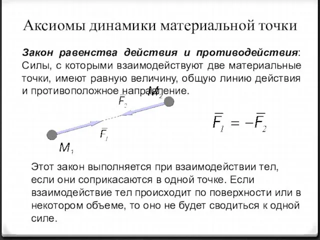 Аксиомы динамики материальной точки Закон равенства действия и противодействия: Силы,