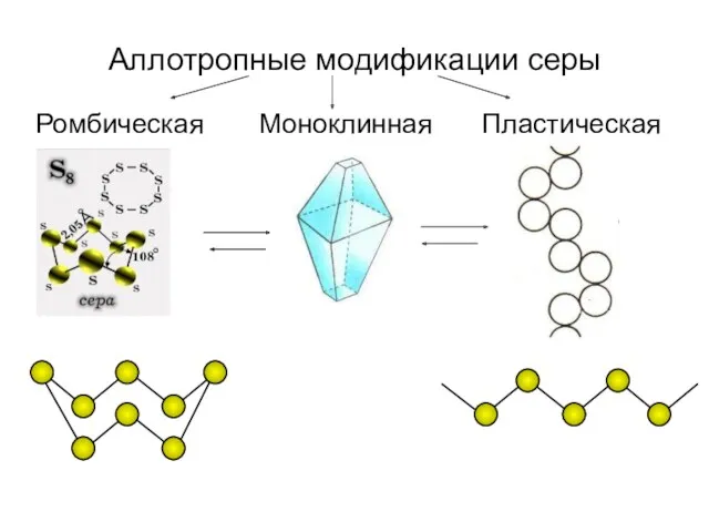 Аллотропные модификации серы Ромбическая Моноклинная Пластическая