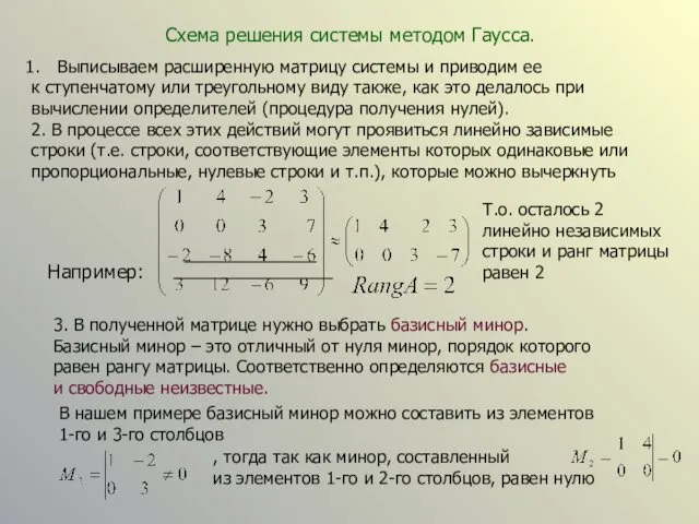 Схема решения системы методом Гаусса. Выписываем расширенную матрицу системы и