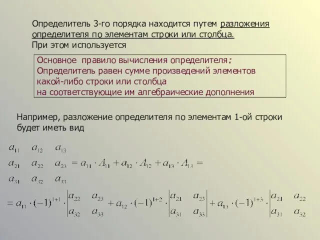 Определитель 3-го порядка находится путем разложения определителя по элементам строки