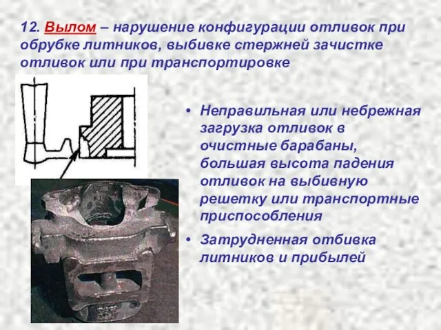 12. Вылом – нарушение конфигурации отливок при обрубке литников, выбивке