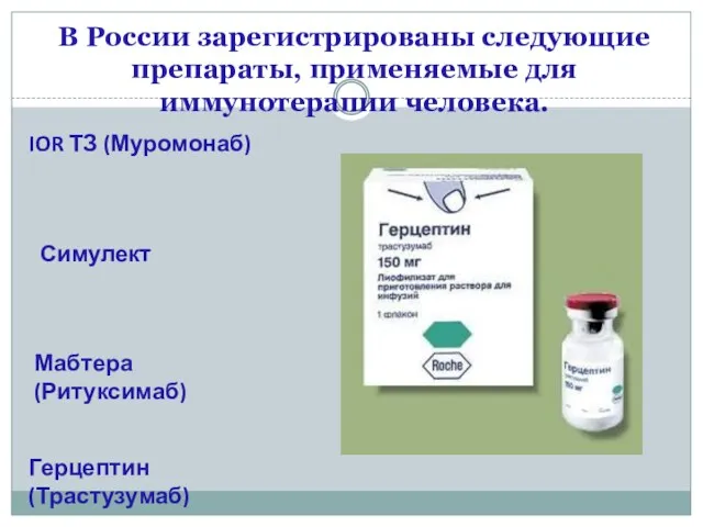 В России зарегистрированы следующие препараты, применяемые для иммунотерапии человека. IOR ТЗ (Муромонаб) Симулект