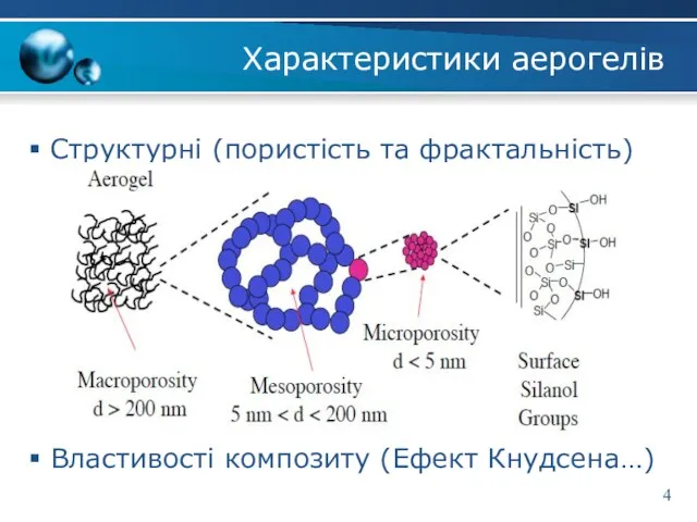 Характеристики аерогелів Структурні (пористість та фрактальність) Властивості композиту (Ефект Кнудсена…) 4