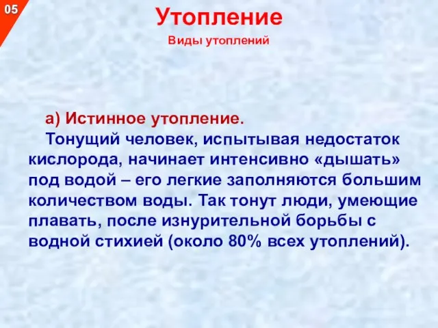 а) Истинное утопление. Тонущий человек, испытывая недостаток кислорода, начинает интенсивно