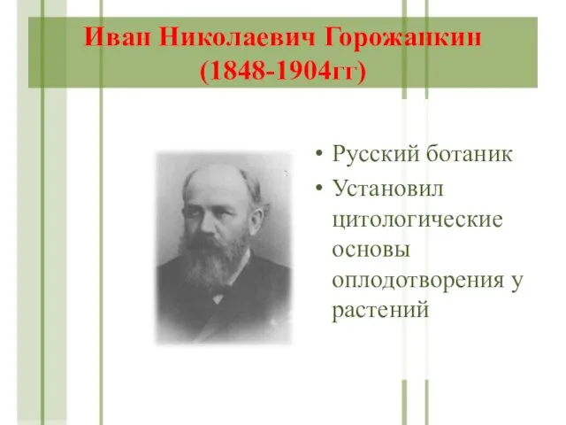 Иван Николаевич Горожанкин (1848-1904гг) Русский ботаник Установил цитологические основы оплодотворения у растений